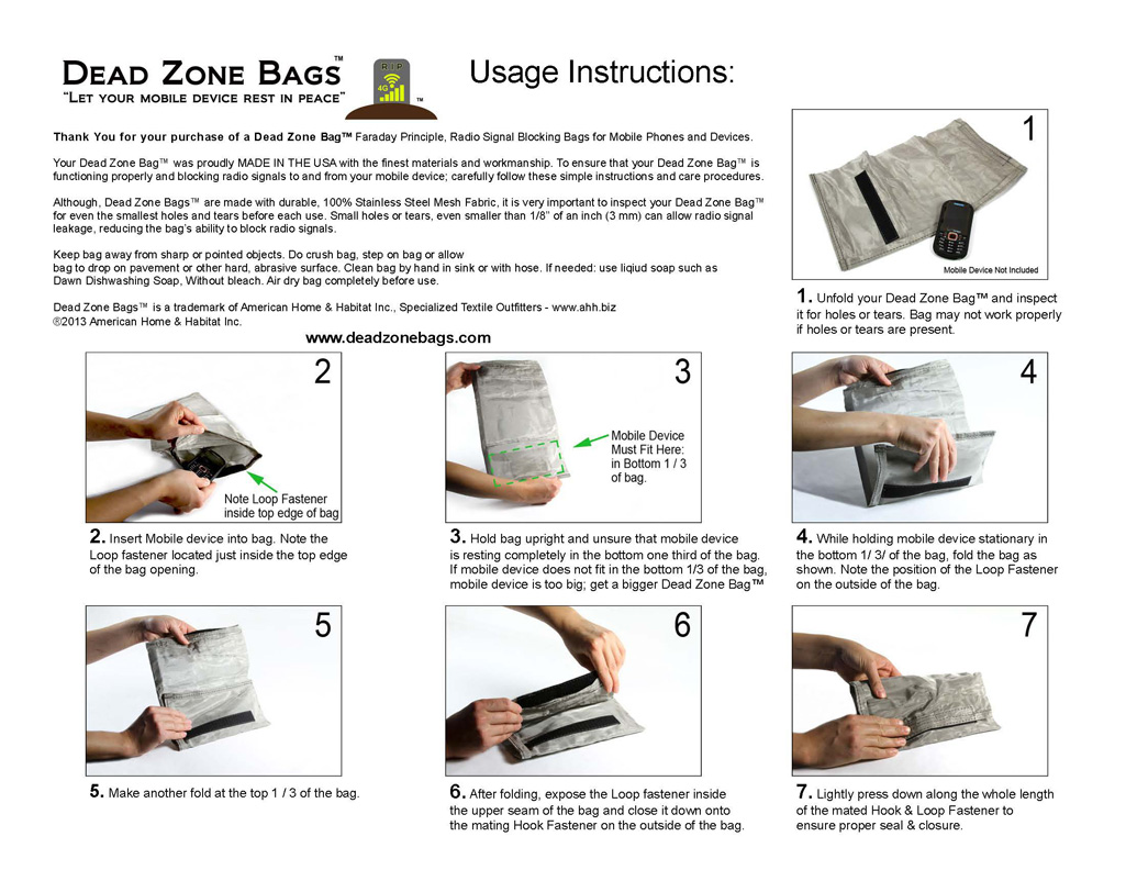 Dead Zone Bags ™ Care and Usage Instructions